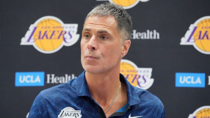 Jul 2, 2024; El Segundo, CA, USA; Los Angeles Lakers vice president of basketball operations and general manager Rob Pelinka at a press conference at the UCLA Health Training Center. Mandatory Credit: Kirby Lee-USA TODAY Sports