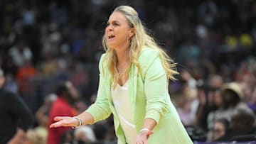 Jul 5, 2024; Los Angeles, California, USA; Las Vegas Aces coach Becky Hammon reacts against the LA Sparks in the second half at Crypto.com Arena. Mandatory Credit: Kirby Lee-Imagn Images