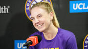 May 25, 2023; Los Angeles, California, USA; LA Sparks forward Karlie Samuelson at press conference at Crypto.com Arena. Mandatory Credit: Kirby Lee-Imagn Images