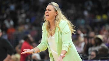 Jul 5, 2024; Los Angeles, California, USA; Las Vegas Aces coach Becky Hammon reacts against the LA Sparks in the second half at Crypto.com Arena. Mandatory Credit: Kirby Lee-Imagn Images