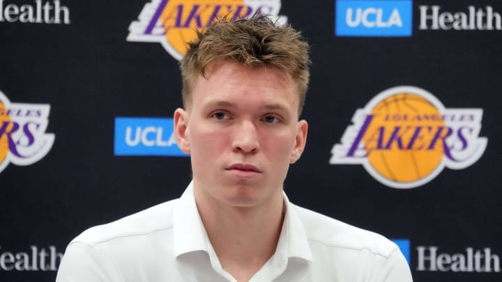 Jul 2, 2024; El Segundo, CA, USA; Los Angeles Lakers second round draft pick Dalton Knecht at a press conference at the UCLA Health Training Center. Mandatory Credit: Kirby Lee-USA TODAY Sports