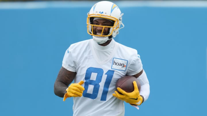 Jun 13, 2023; Costa Mesa, CA, USA; Los Angeles Chargers receiver Mike Williams (81) carries the ball during minicamp at the Hoag Performance Center.