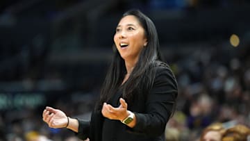 May 25, 2023; Los Angeles, California, USA; Las Vegas Aces first assistant coach Natalie Nakase reacts during the first half Las Vegas Aces at Crypto.com Arena. Mandatory Credit: Kirby Lee-Imagn Images
