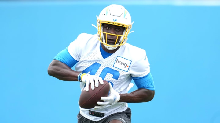 May 23, 2023, Costa Mesa, CA, USA; Los Angeles Chargers tight end Michael Ezeike (46) carries the ball during organized team activities at the Hoag Performance Center.