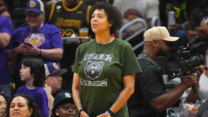 Jul 5, 2024; Los Angeles, California, USA; Cheryl Miller attends the WNBA game between the Las Vegas Aces and the LA Sparks at Crypto.com Arena. Mandatory Credit: Kirby Lee-Imagn Images