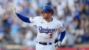 Jul 3, 2024; Los Angeles, California, USA; Los Angeles Dodgers first baseman Freddie Freeman (5) rounds the bases after hitting a three-run home run in the first inning against the Arizona Diamondbacks at Dodger Stadium. Mandatory Credit: Kirby Lee-USA TODAY Sports