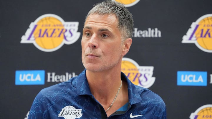 Jul 2, 2024; El Segundo, CA, USA; Los Angeles Lakers vice president of basketball operations and general manager Rob Pelinka at a press conference at the UCLA Health Training Center. Mandatory Credit: Kirby Lee-Imagn Images