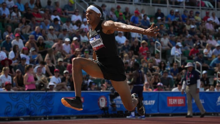 Jun 30, 2024; Eugene, OR, USA; Russell Robinson places second in the triple jump at 55-9 34 (17.01m) during the US Olympic Team Trials at Hayward Field. Mandatory Credit: Kirby Lee-USA TODAY Sports