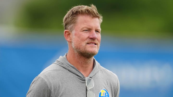 May 23, 2023, Thousand Oaks, CA, USA; Los Angeles Rams general manager Les Snead during organized team activities at Cal Lutheran. Mandatory Credit: Kirby Lee-USA TODAY Sports