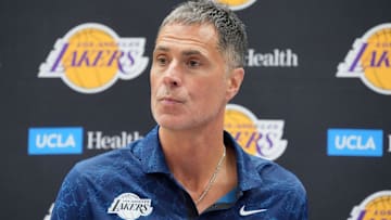 Los Angeles Lakers vice president of basketball operations and general manager Rob Pelinka at a press conference at the UCLA Health Training Center.
