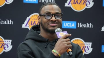 Jul 2, 2024; El Segundo, CA, USA; Los Angeles Lakers second round draft pick Bronny James at a press conference at the UCLA Health Training Center. Mandatory Credit: Kirby Lee-USA TODAY Sports