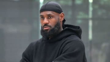 Jul 2, 2024; El Segundo, CA, USA; Los Angeles Lakers forward LeBron James watches at a press conference at the UCLA Health Training Center. Mandatory Credit: Kirby Lee-USA TODAY Sports