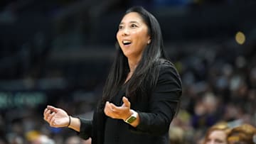May 25, 2023; Los Angeles, California, USA; Las Vegas Aces first assistant coach Natalie Nakase reacts during the first half Las Vegas Aces at Crypto.com Arena. Mandatory Credit: Kirby Lee-Imagn Images