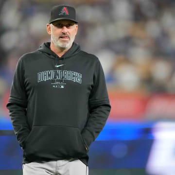 Jul 3, 2024; Los Angeles, California, USA; Arizona Diamondbacks manager Torey Lovullo reacts during the game against the Los Angeles Dodgers at Dodger Stadium. Mandatory Credit: Kirby Lee-USA TODAY Sports