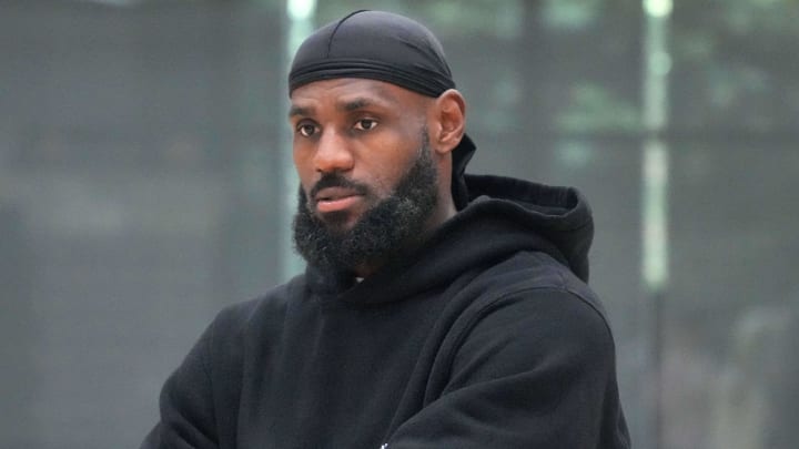 Lakers forward LeBron James watches at a press conference at the UCLA Health Training Center.