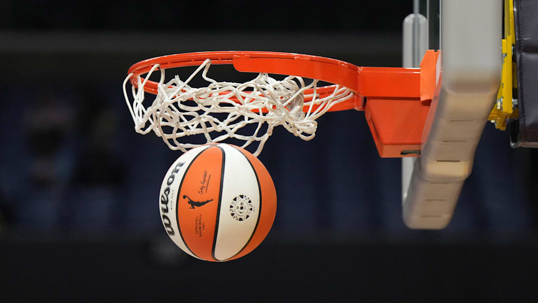 May 25, 2023; Los Angeles, California, USA; Wilson official basketball with WNBA logo goes through the net during the game between the LA Sparks and the Las Vegas Aces at Crypto.com Arena. Mandatory Credit: Kirby Lee-Imagn Images