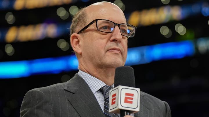 May 22, 2023; Los Angeles, California, USA; ESPN commentator Jeff Van Gundy during game four of the Western Conference Finals for the 2023 NBA playoffs between the Denver Nuggets and the Los Angeles Lakers at Crypto.com Arena. Mandatory Credit: Kirby Lee-USA TODAY Sports