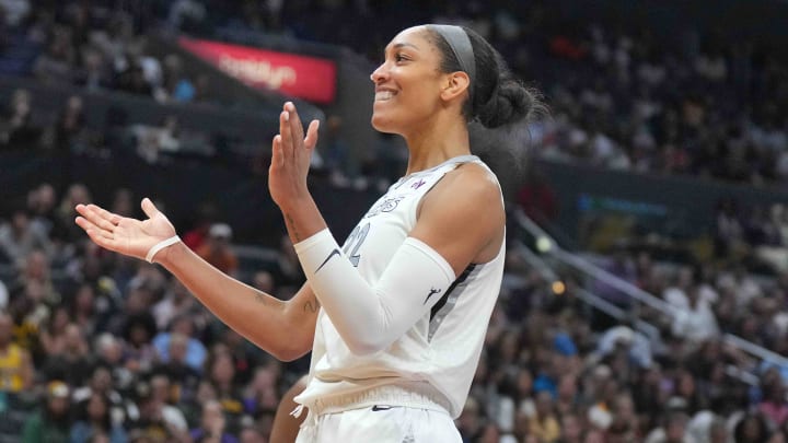 Jul 5, 2024; Los Angeles, California, USA; Las Vegas Aces center A'ja Wilson (22) reacts against the LA Sparks in the second half at Crypto.com Arena. 