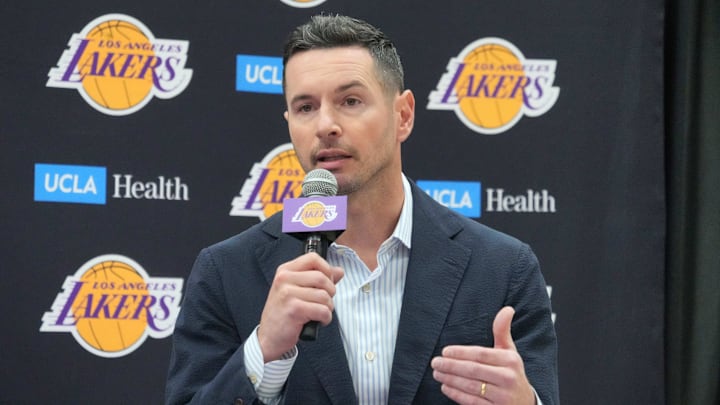 Jul 2, 2024; El Segundo, CA, USA; Los Angeles Lakers coach JJ Redick at a press conference at the UCLA Health Training Center. Mandatory Credit: Kirby Lee-Imagn Images