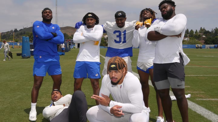 Jun 14, 2023; Thousand Oaks, CA, USA; Los Angeles Rams secondary players including linebacker Nick Hampton (31) and Jaiden Woodbey (48) pose during minicamp at Cal Lutheran University. Mandatory Credit: Kirby Lee-USA TODAY Sports