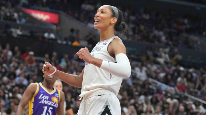 Las Vegas Aces center A'ja Wilson reacts against the LA Sparks in the second half at Crypto.com Arena.