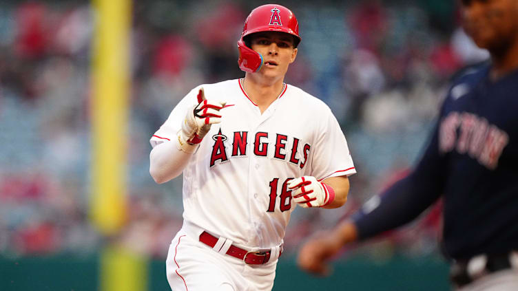 May 23, 2023; Anaheim, California, USA; Los Angeles Angels left fielder Mickey Moniak (16) rounds