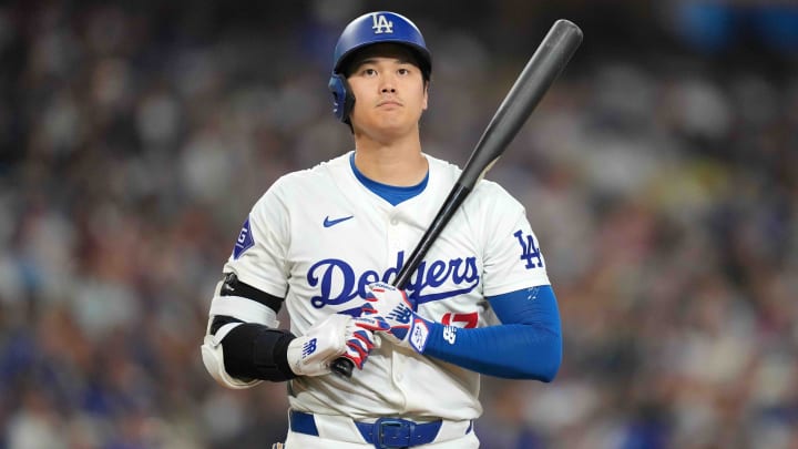 Jul 3, 2024; Los Angeles, California, USA; Los Angeles Dodgers designated hitter Shohei Ohtani (17) reacts during the game against the Arizona Diamondbacks at Dodger Stadium. Mandatory Credit: Kirby Lee-USA TODAY Sports