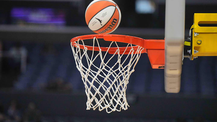 Jul 7, 2024; Los Angeles, California, USA; A Wilson official WNBA Evo NXT basketball approaches the net and rim at the Crypto.com Arena. Mandatory Credit: Kirby Lee-Imagn Images