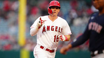May 23, 2023; Anaheim, California, USA; Los Angeles Angels left fielder Mickey Moniak (16) rounds