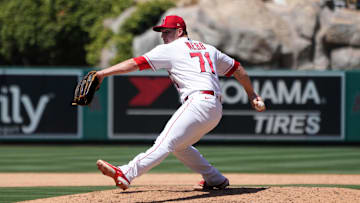Jul 2, 2023; Anaheim, California, USA; Los Angeles Angels relief pitcher Jacob Webb (71) throws in a game against the Arizona Diamondbacks