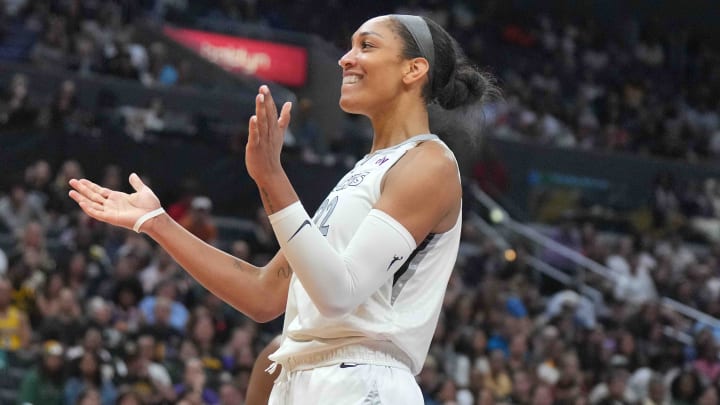 Las Vegas Aces center A'ja Wilson reacts against the LA Sparks 