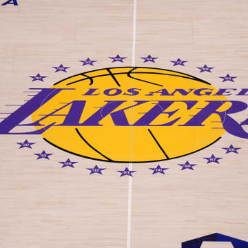 May 20, 2023; Los Angeles, California, USA;  The Los Angeles Lakers logo at center court during game