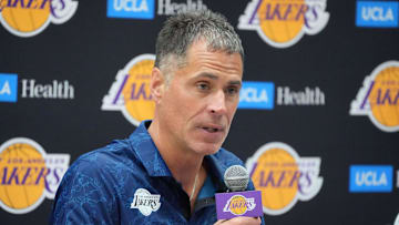 Jul 2, 2024; El Segundo, CA, USA; Los Angeles Lakers vice president of basketball operations and general manager Rob Pelinka at a press conference at the UCLA Health Training Center. Mandatory Credit: Kirby Lee-Imagn Images