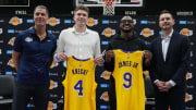 Jul 2, 2024; El Segundo, CA, USA; From left: Los Angeles Lakers general manager Rob Pelinka, first round draft pick Dalton Knecht (4), second round draft pick Bronny James (9) and coach JJ Redick pose Kat a press conference at the UCLA Health Training Center. Mandatory Credit: Kirby Lee-USA TODAY Sports