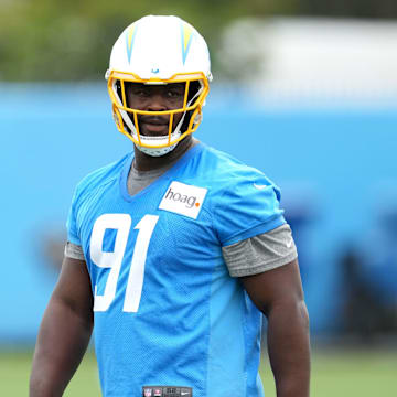 May 23, 2023, Costa Mesa, CA, USA; Los Angeles Chargers defensive lineman Christopher Hinton (91) during organized team activities at the Hoag Performance Center. 
