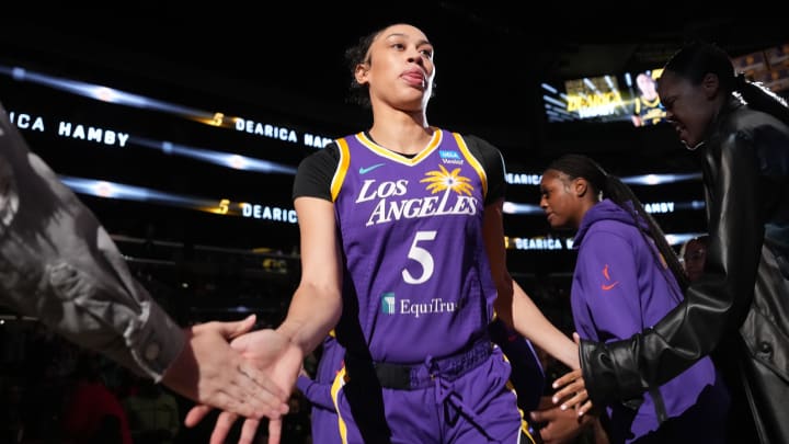 Sparks forward Dearica Hamby is introduced before a game against the Las Vegas Aces at Crypto.com Arena.