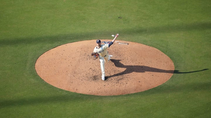 Jul 6, 2024; Los Angeles, California, USA; Los Angeles Dodgers starting pitcher James Paxton (65) throws against the Milwaukee Brewers at Dodger Stadium. Mandatory Credit: Kirby Lee-USA TODAY Sports