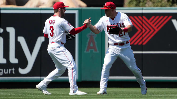 Jul 2, 2023; Anaheim, California, USA; Los Angeles Angels left fielder Taylor Ward (3) and center