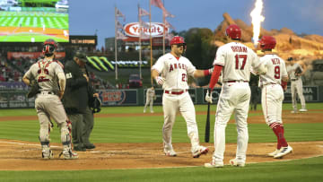 May 24, 2023; Anaheim, California, USA; Los Angeles Angels center fielder Mike Trout (27) celebrates