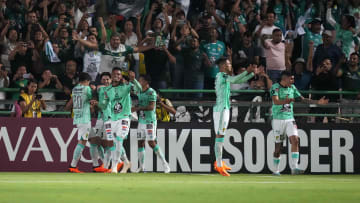 León players celebrate after a goal against LAFC during their CCL home fixture victory