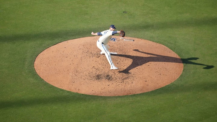 Jul 6, 2024; Los Angeles, California, USA; Los Angeles Dodgers starting pitcher James Paxton (65) throws against the Milwaukee Brewers at Dodger Stadium. Mandatory Credit: Kirby Lee-USA TODAY Sports