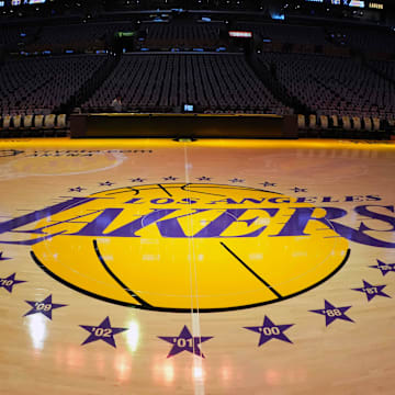 May 20, 2023; Los Angeles, California, USA;  The Los Angeles Lakers logo at center court during game three of the Western Conference Finals for the 2023 NBA playoffs at Crypto.com Arena. Mandatory Credit: Kirby Lee-Imagn Images