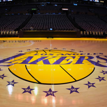 May 20, 2023; Los Angeles, California, USA;  The Los Angeles Lakers logo at center court during game three of the Western Conference Finals for the 2023 NBA playoffs at Crypto.com Arena. Mandatory Credit: Kirby Lee-USA TODAY Sports