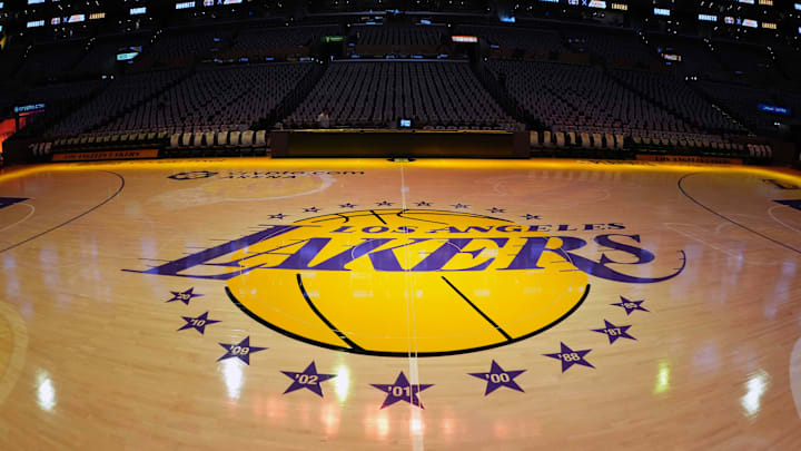 May 20, 2023; Los Angeles, California, USA;  The Los Angeles Lakers logo at center court during game three of the Western Conference Finals for the 2023 NBA playoffs at Crypto.com Arena. Mandatory Credit: Kirby Lee-Imagn Images