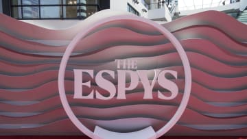 Jul 12, 2023; Los Angeles, CA, USA; The ESPYs logo on the red carpet at the Dolby Theatre. Mandatory Credit: Kirby Lee-USA TODAY Sports