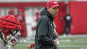 Arkansas Razorbacks wide receivers coach Ronnie Fouch during a spring practice indoors in Fayetteville, Ark.