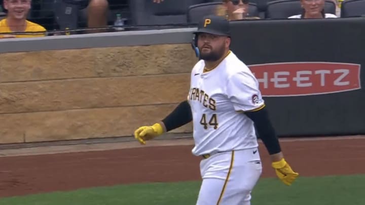 Pirates first baseman Rowdy Tellez thought he hit a home run so he took some time admiring it. Then it hit the wall and he was lucky to get a double.