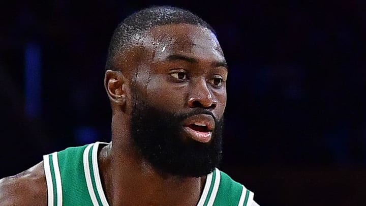 Feb 22, 2026; Los Angeles, California, USA; Boston Celtics guard Jaylen Brown (7) controls the ball against the Los Angeles Lakers during the first half at Crypto.com Arena. Mandatory Credit: Gary A. Vasquez-Imagn Images