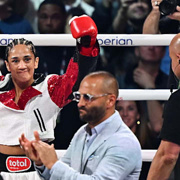 Amanda Serrano enters the ring before her undisputed super lightweight championship fight with Katie Taylor earlier this month.