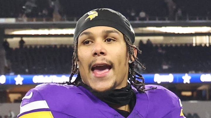 Dec 14, 2025; Arlington, Texas, USA; Minnesota Vikings wide receiver Jalen Nailor (1) celebrates after a game against the Dallas Cowboys at AT&T Stadium. Mandatory Credit: Kevin Jairaj-Imagn Images